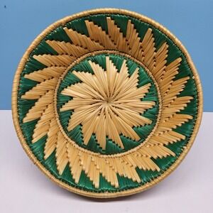 Vintage Hand Woven Basket Sea Grass Natural & Green 9" Catch All Basket Colorful